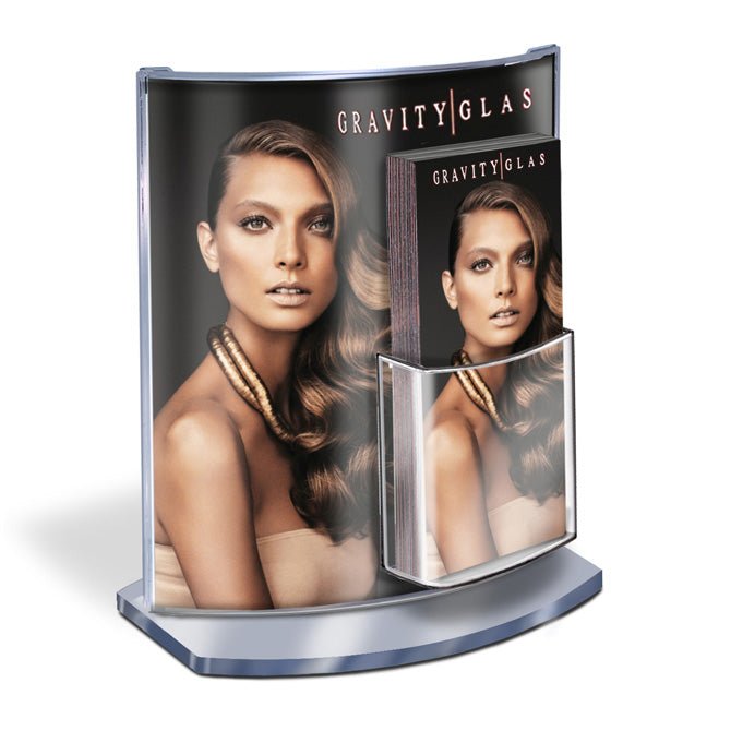 Curviso® Curved Acrylic Panel Sign Frame with Clear Base and Brochure Pocket - Braeside Displays